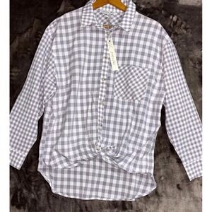 She + Sky Shirt Womens Medium Gray Gingham Check Preppy Knit Front Button Up